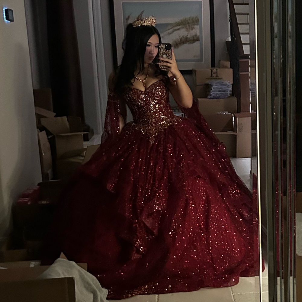 Elegant Red Sequin Ball Gown with petticoat, for prom, quince, sweet 16, etc.